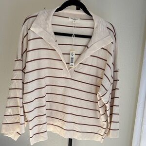 Max Studio Cream and Brown V-Neck Sweater
